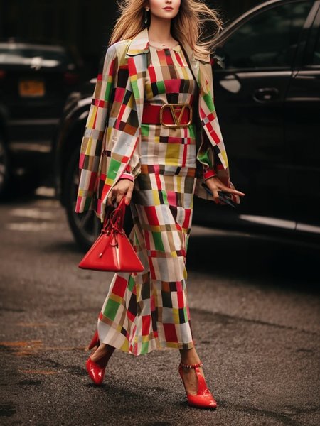 

Plaid Regular Fit Crew Neck Long Sleeve Elegant Mxi Dress With No Belt, As picture, Maxi Dresses
