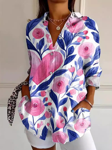 Women's Breast Cancer Awareness Print Casual Cotton Shirt, Pink, Blouses