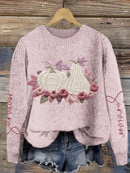Casual Crew Neck Loose Knitted Sweater, Pink, Sweaters
