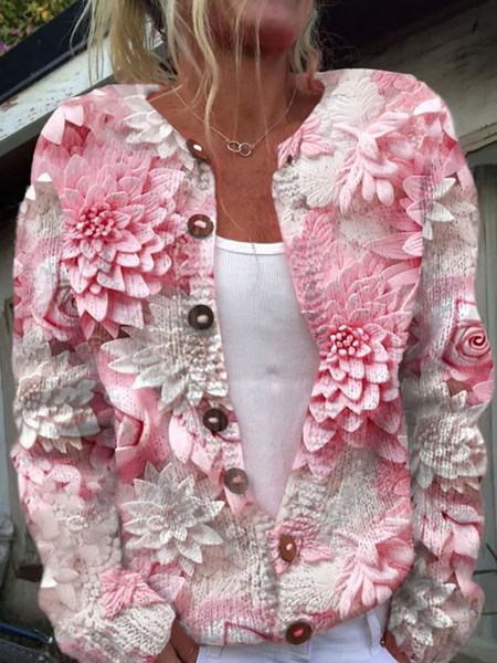 Women's Breast Cancer Pink Flower Print Knitted Cardigan, Cardigans