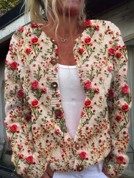 

Floral Embroidery Art Print Buttoned Cardigan Sweater, Apricot, Cardigans