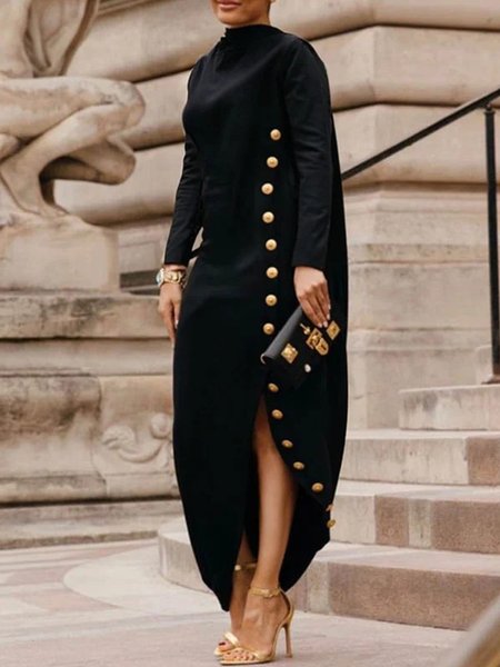 

Urban Buttoned Stand Collar Dress, Black, Maxi Dresses