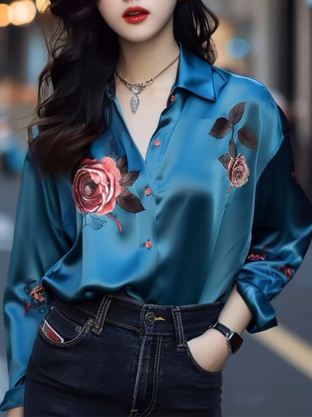 

Elegant Floral Loose Long Sleeve Shirt, As picture, Blouses and Shirts