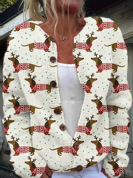 

Color Block 3D Printing Christmas tree Dog Casual Regular Fit Cardigan, White, Cardigans