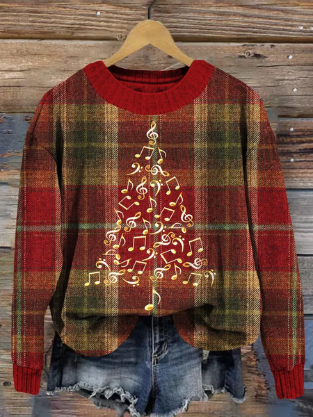 

3D Printing Plaid Christmas tree Loose Crew Neck Casual Sweater, Red, Sweaters