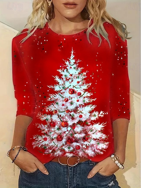 

Casual Christmas Tree Crew Neck Long Sleeve T-shirt, Red, Blouses