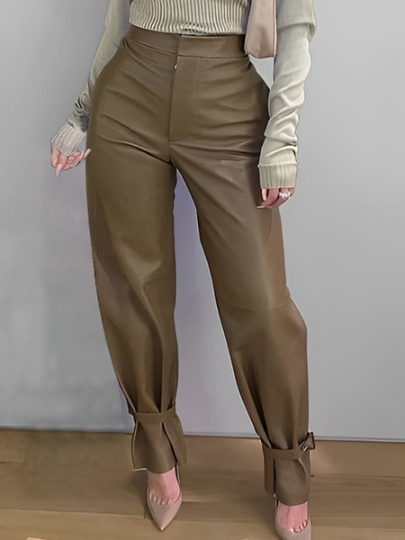 

PU Regular Fit Micro-Elasticity Pu Urban Plain Faux Leather Long Pants, Green, Pants