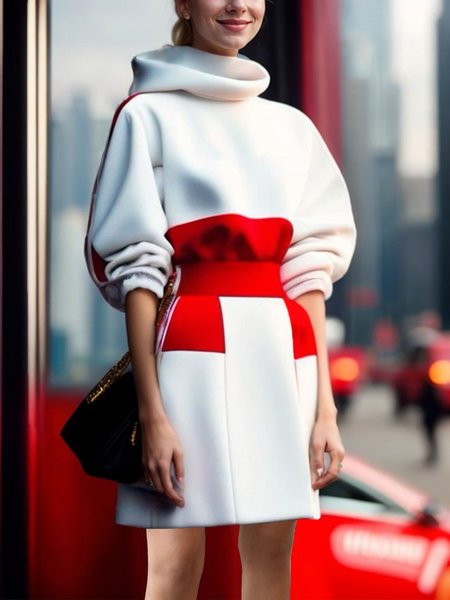 

Casual Regular Fit Color Block Sweashirt Mini Dress, White-red, Mini Dresses
