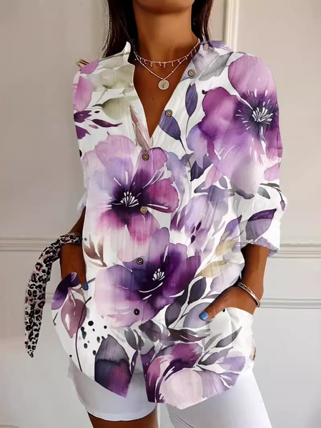 

Women's Purple Art Flowers Print Casual Long Sleeve Shirt, Blouses