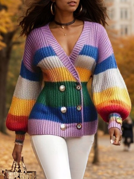 

Casual Balloon Sleeve Buttoned Color Block Striped Cardigan Sweater, As picture, Cardigans