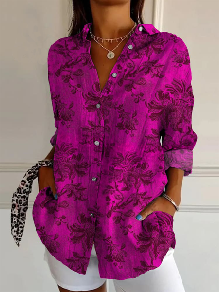 

Casual Four-Side Projectile Shawl Collar Loose Shirt, Rose red, Blouses