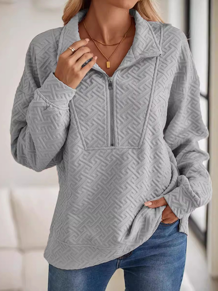 

Loose Casual Shirt Collar Zipper Sweatshirt, Light gray, Outerwear