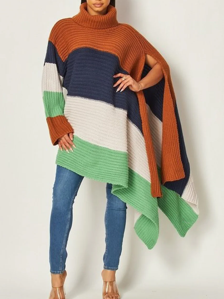 

Medium Elasticity Split Sleeves Loose Casual Asymmetric Long Sleeve Color Block Sweater, As picture, Pullovers