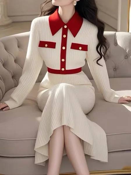 

High Elasticity Regular Sleeve Elegant Tight Color Block Long Sleeve Midi Sweater Dress, White, Maxi Dresses