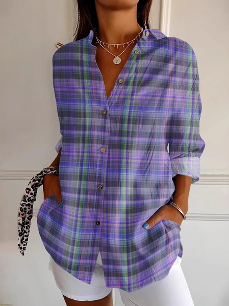 

Women's Purple Art Plaid Print Casual Long Sleeve Shirt, Blouses