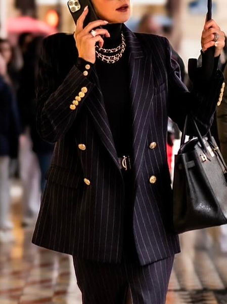 

Regular Sleeve Urban Lapel Collar Pockets Striped Blazer, As picture, Jackets