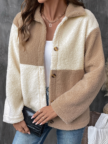 

Women's Winter Outerwear Teddy Velvet Casual Color Block Long Sleeve Shirt Collar Fleece Coat, Brown, Outerwear