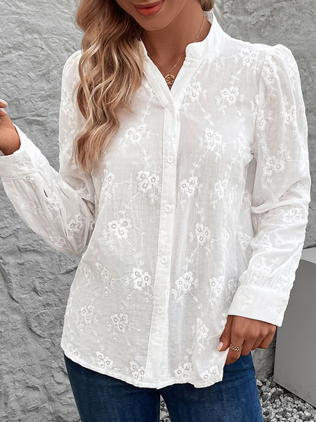 

Women's Long Sleeve Shirt Spring/Fall Plain Buckle Crew Neck Daily Going Out Casual Top, White, Blouses