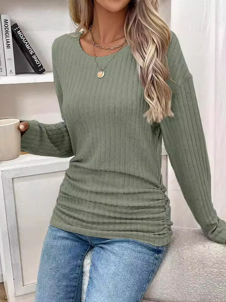 

Crew Neck Long Sleeve Plain Regular Micro-Elasticity Loose Blouse For Women, Aqua, Blouses