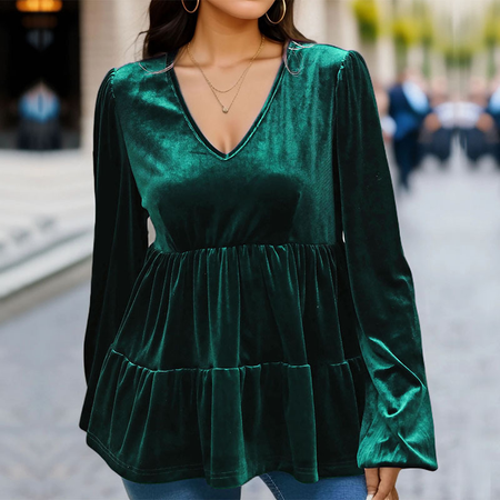 

Women's Long Sleeve Blouse Spring/Fall Plain Velvet V Neck Daily Going Out Casual Top, Darkgreen, Blouses