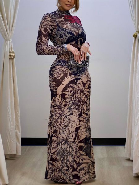 

Elegant Regular Sleeve Floral Tight Long Sleeve Maxi Dress, As picture, Maxi Dresses