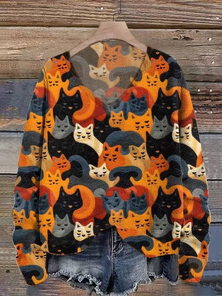 

Women's Spring/Fall Cat Casual Long Sleeve V Neck Wool/Knitting Sweater, Flower, Sweaters