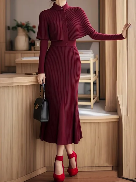 

High Elasticity Tight Regular Sleeve Plain Stand Collar Long Sleeve Elegant Sweater Midi Dress, Wine red, Midi Dresses