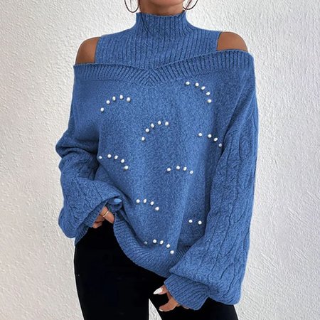 Balloon Sleeve Casual Beaded Sweater, Blue, Sweaters & Cardigans
