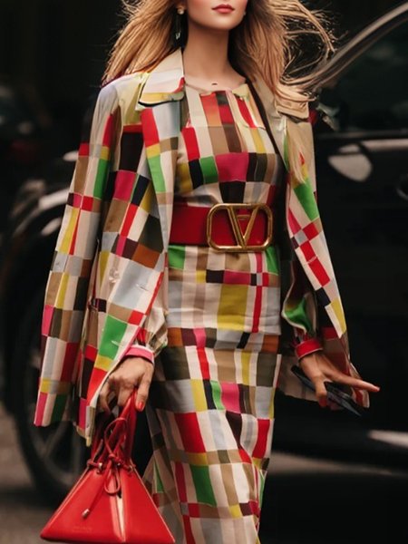 

Plaid Lapel Collar Elegant Long Sleeve Loosen Blazer, As picture, Blazers