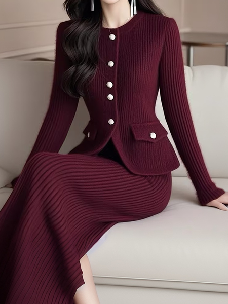 

High Elasticity Crew Neck Buttoned Elegant Sweater Cardigan, Wine red, Cardigans