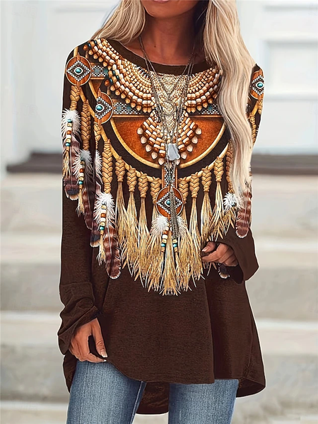 Ethnic Floral Design Round Neck T-Shirt, Brown, Long sleeves