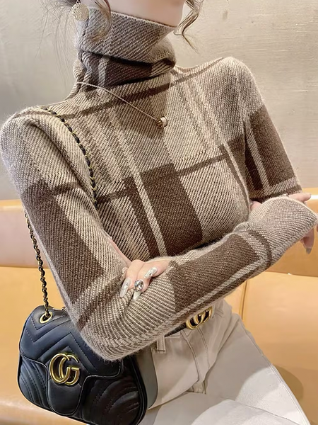 

High Elasticity Regular Sleeve Tight Urban Plaid Turtleneck Long Sleeve Sweater, As picture, Pullovers