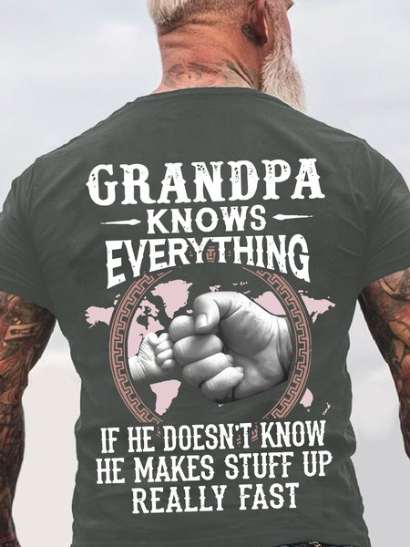 

Grandpa -Knows Everything If He Doesn't Know He Makes Stuff Up Really Fast Back Cotton T-shirt, Deep gray, T-shirts