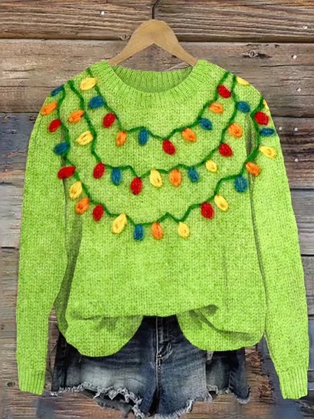 

Christmas Colorful Lights Felt Art Soft Cozy Knit Sweater, Green, Sweaters