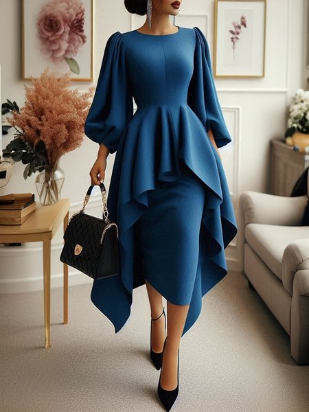 

Regular Fit Regular Sleeve Elegant Crew Neck Dress, Blue, Midi Dresses