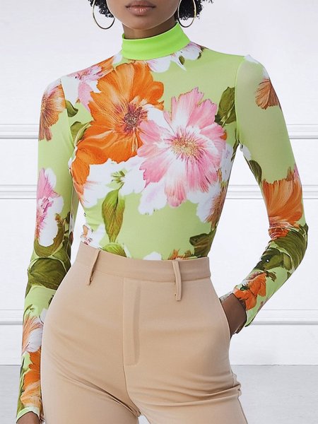 

Urban Tight Regular Sleeve Floral Printing T-Shirt, Green, Tees