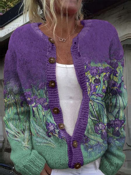 

Crew Neck Maple Leaf Knitted Casual Sweater, Purple, Cardigans