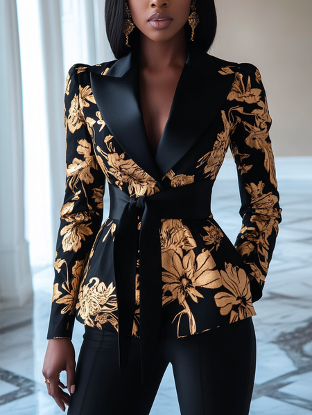 

Lapel Collar Regular Fit Floral Regular Sleeve Urban Blazer With Belt, As picture, Blazers