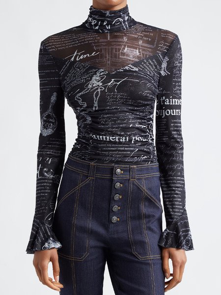 

Printing Ruffle Sleeve Urban T-Shirt, Black, Tees