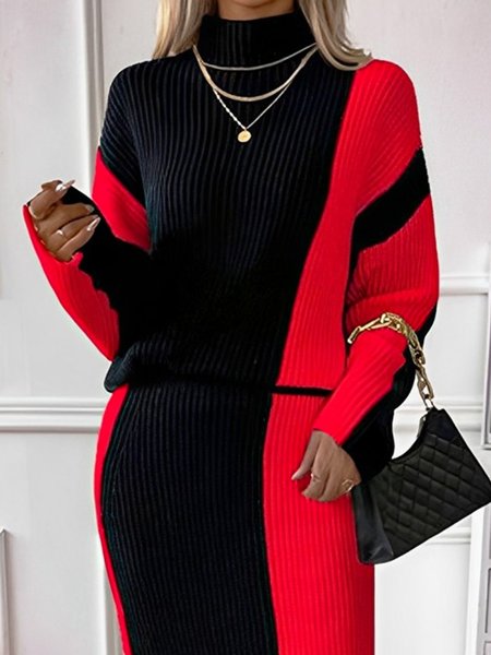 

Loose Casual Raglan Sleeves Color Block Sweater, Reddish black, Pullovers