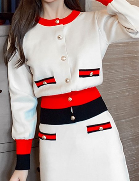 Urban Regular Sleeve Color Block Loose Sweater Cardigan, White, Cardigans