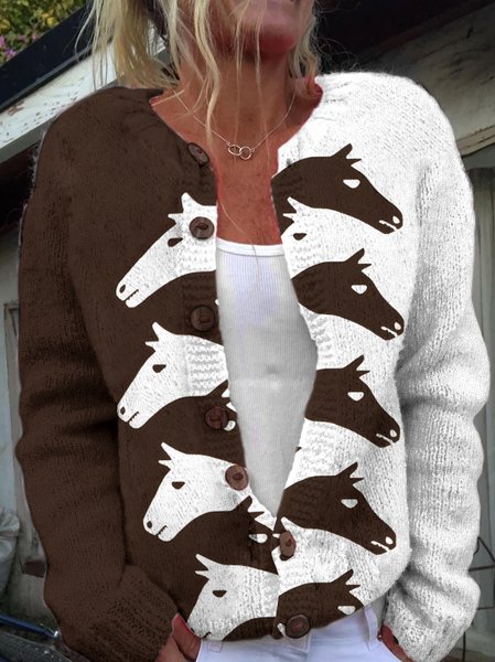 

Women's Vintage Western Horse Print Cardigan Sweater, Brown, Cardigans