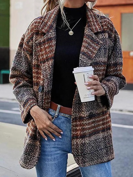 Plaid Shawl Collar Casual Coat, Coffee, Outerwear