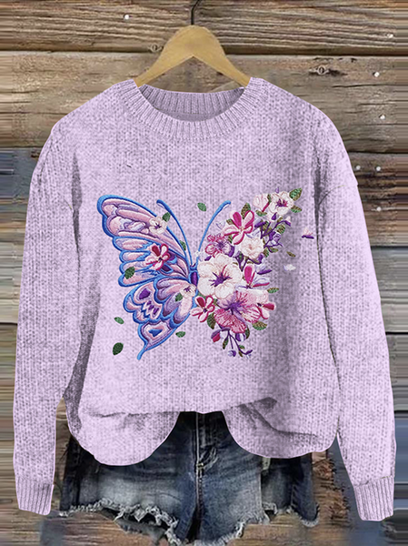 

Knitted Maple Leaf Simple Crew Neck Sweater, Purple, Sweaters