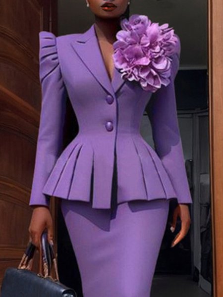 

Elegant Lapel Collar Plain Long Sleeve Jacket With Floral Brooch, Purple, Jackets