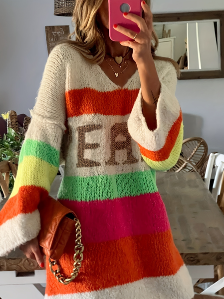 Women Striped Crew Neck Long Sleeve Comfy Casual Midi Dress, Orange, Dresses