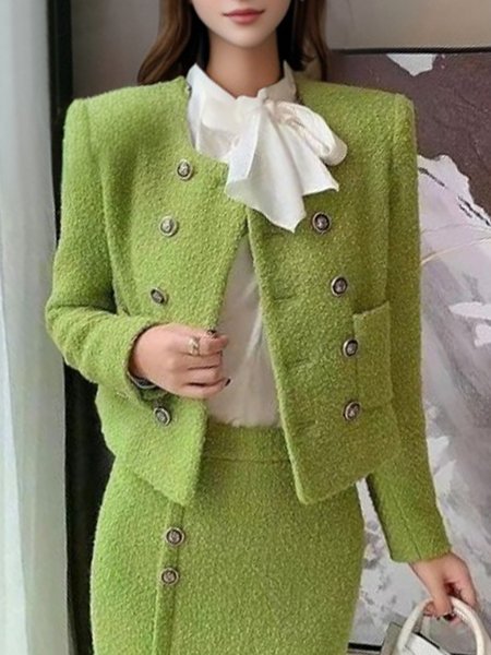 

Elegant Crew Neck Regular Sleeve Plain Buttoned Jacket, Green, Jackets