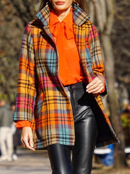 

Urban Lapel Collar Plaid Long Sleeve Jacket, As picture, Jackets