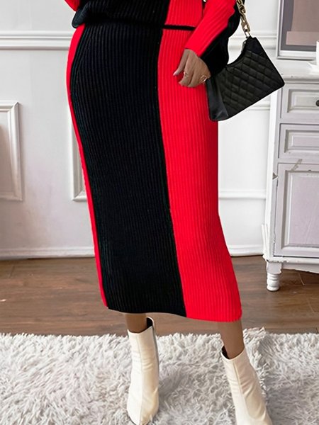 

Casual Color Block Midi Skirt Sweater, Reddish black, Skirts