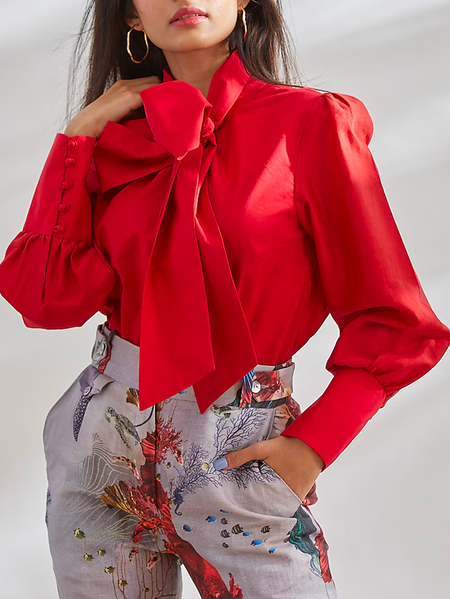 

Plain Regular Sleeve Urban Buttoned Shirt, Red, Blouses and Shirts